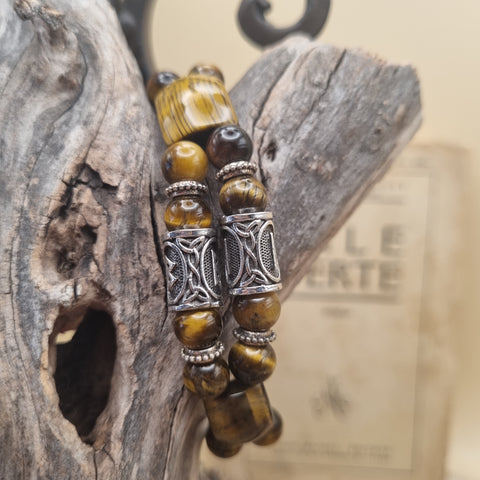 “Gardien des Sentiers Anciens" – Bracelet double Œil de Tigre & Onyx & Runes Berkana et Isaz