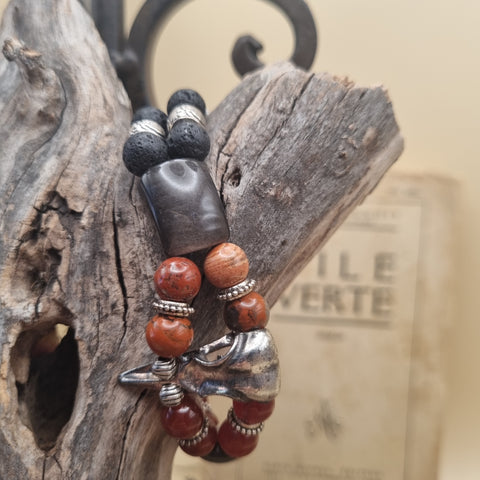 “Les Corbeaux du Feu Noir” – Bracelet double Cornaline, Jaspe rouge, Pierre de lave & Obsidienne argentée