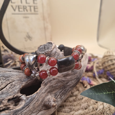 “Les Corbeaux du Feu Noir” – Bracelet double Cornaline, Jaspe rouge, Pierre de lave & Obsidienne argentée